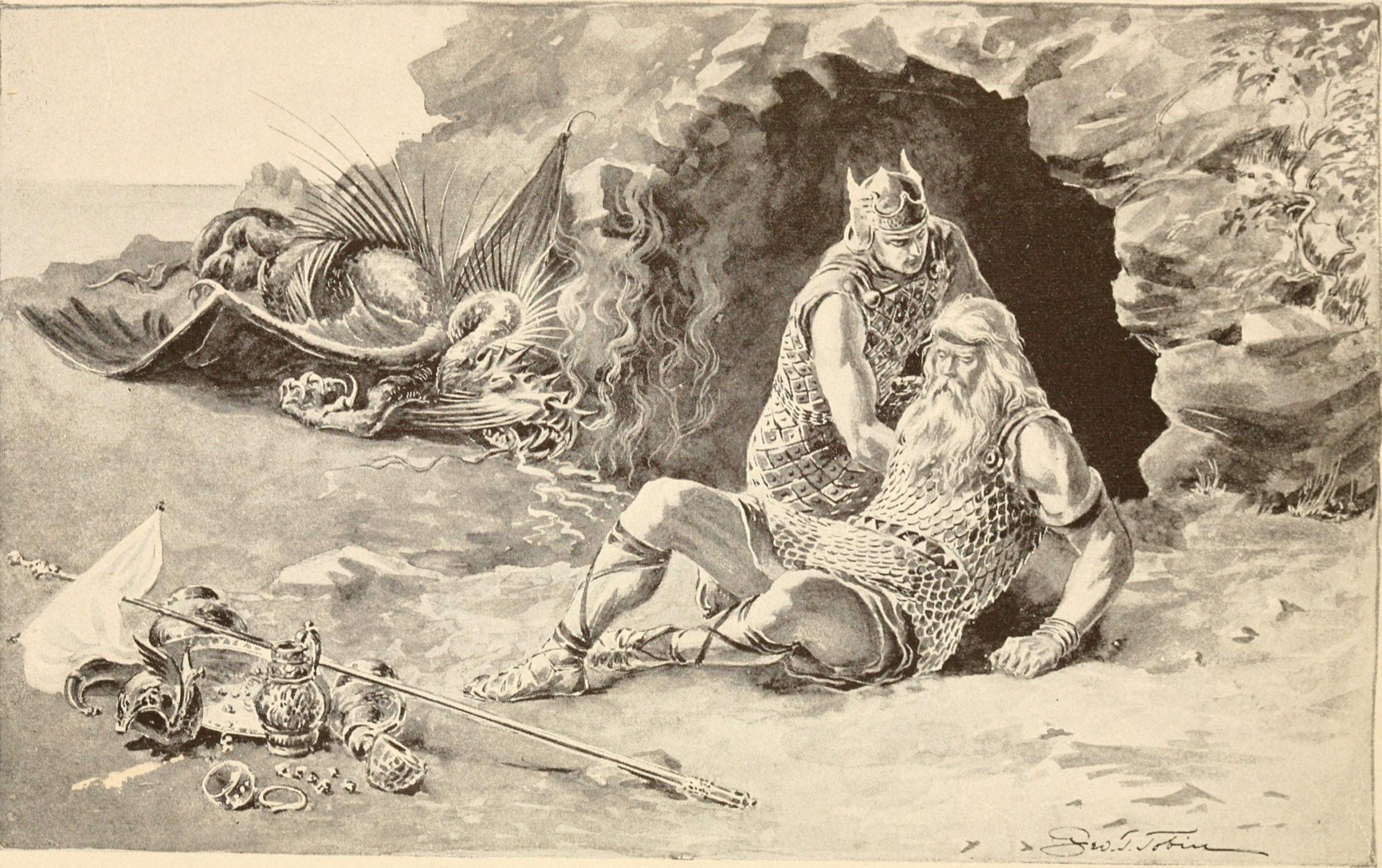 Beowulf dying after defeating the dragon and saving his people, but
who will soon fail to live up to his memory.